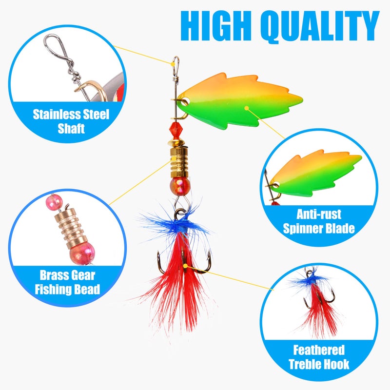 OROOTL Rooster Bait Tail Fishing Lures Kit, 30pcs Spinner Baits Trout Lures Kit Metal Spoons with Feathered Treble Hooks Inline Spinnerbaits for Bass Trout Walleye Freshwater Saltwater - Image 2